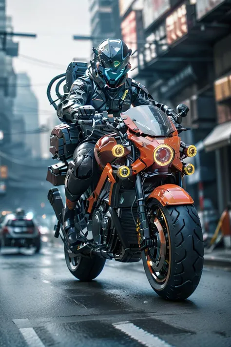 girl sitting on running motorcycle, solo, city, action shot, diagonal angle, glowing eyes, neon lines, motion blur, hazy air,