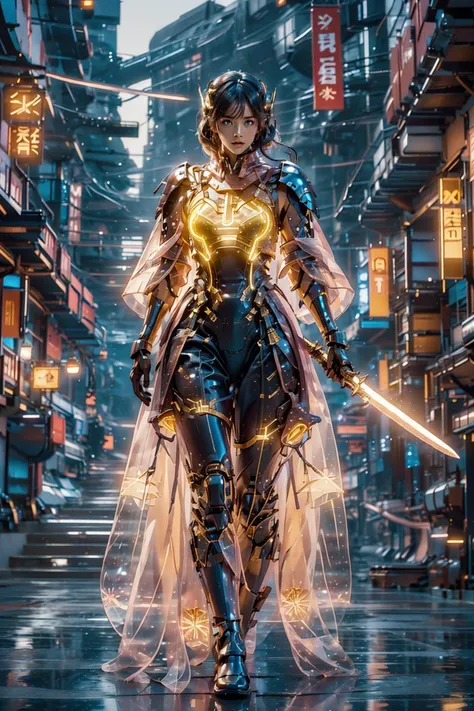 girl,<lora:bioluminescent_dress-1.0:1>,Luminous Mecha,in a flowing thick cloth cloak,wielding an glowing sword,