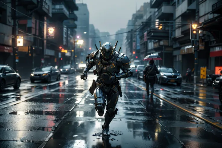 masterpiece,best quality,light blud armor,athletic twunk,running on sidewalk,wet,wet armor,rain,realistic,dramatic lighting,atmospheric,intricate detail,((street background)),