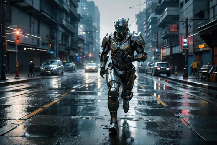 masterpiece,best quality,1man,armor,athletic twunk,running on sidewalk,wet,wet armor,rain,realistic,dramatic lighting,atmospheric,intricate detail,((street background)),