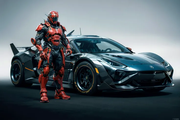 Novel cars designed in the future have injection devices,Armored man standing next to blue car,