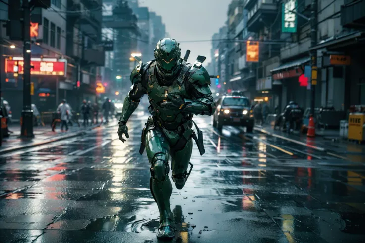 masterpiece,best quality,green armor,athletic twunk,running on sidewalk,wet,wet armor,rain,realistic,dramatic lighting,atmospheric,intricate detail,((street background)),