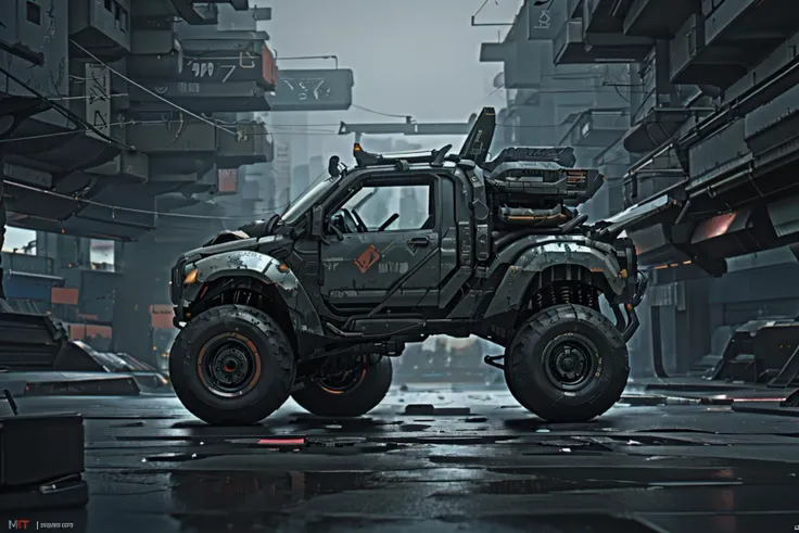 a photo of a dieselpunk Monster truck,3/4 front view,survival,post-apocalyptic,(cyberpunk:1.4),outdoors,night,destruction,urban decay,masterpiece,photorealistic,8k,high detail,dark theme,