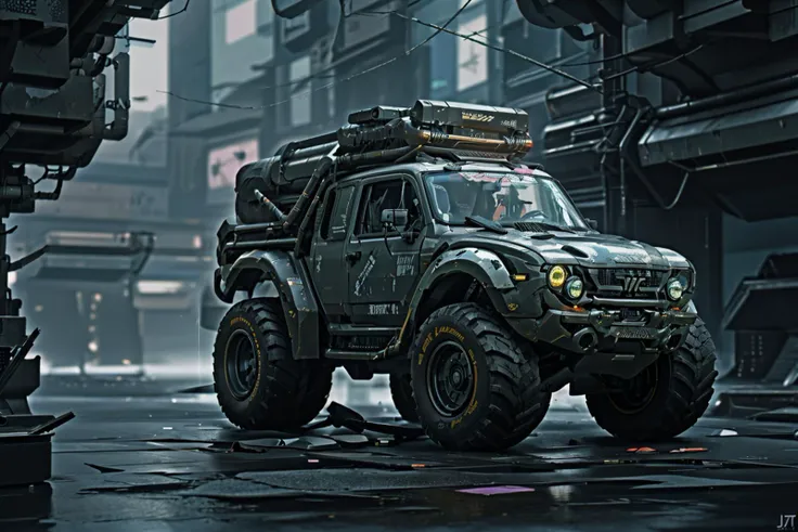 a photo of a dieselpunk Monster truck,3/4 front view,survival,post-apocalyptic,(cyberpunk:1.4),outdoors,night,destruction,urban decay,masterpiece,photorealistic,8k,high detail,dark theme,