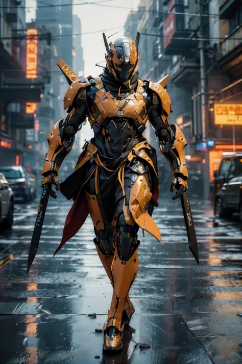 (best quality:1.4),(masterpiece:1.4),(photorealistic:1.4),(Realistic:1.2),(8K:1.2),full body,dynamic pose,action pose,the subject is a female/male android humanoid,in a flowing torn thick cloth cloak,dark orange metallic armor,wielding an obsidian blade,Rain-soaked streets,neon signs reflecting off puddles,