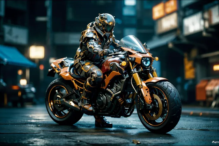 Man armor sitting on motorcycle,futuristic city background,