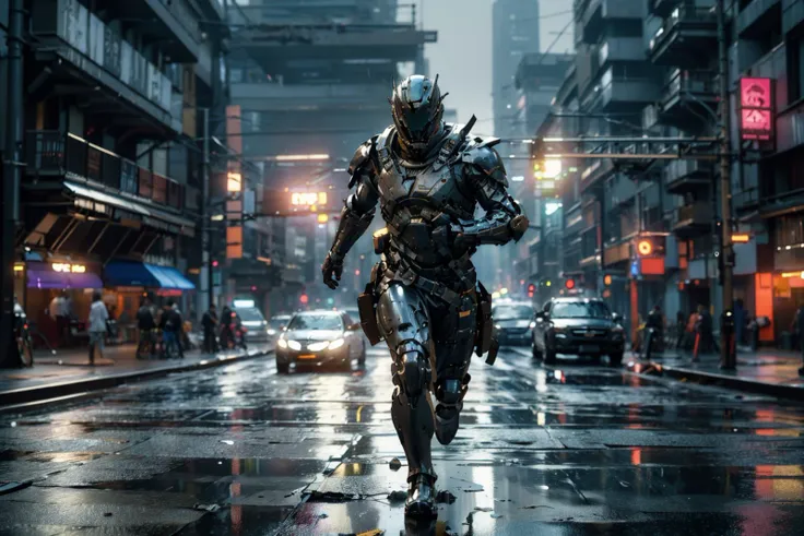 masterpiece,best quality,armor,athletic twunk,running on sidewalk,wet,wet armor,rain,realistic,dramatic lighting,atmospheric,intricate detail,((street background)),