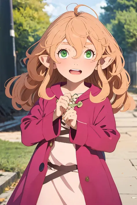 (masterpiece, best quality), 1girl, <lora:RobinaV1.1:1> robina, 1girl, solo, hair between eyes, blonde hair, green eyes, ahoge, pointy ears, child, long hair, long sleeves, pink dress, outdoors, park, |