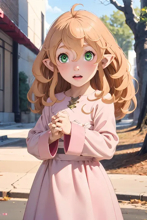 (masterpiece, best quality), 1girl,   <lora:RobinaV1.1:1> robina, 1girl, solo, hair between eyes, blonde hair, green eyes, ahoge, pointy ears, child, long hair,  long sleeves, pink dress, outdoors, park, |