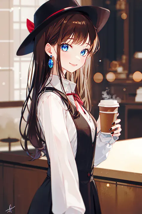 1girl, bangs, blue_eyes, blurry, blurry_background, blurry_foreground, bokeh, bow, breasts, brown_hair, closed_mouth, coffee, coffee_cup, coffee_mug, collared_shirt, cup, depth_of_field, disposable_cup, dress, earrings, eyebrows_visible_through_hair, from_side, glint, hair_ornament, hat, holding, holding_cup, indoors, jewelry, long_hair, long_sleeves, looking_at_viewer, mug, nail_polish, plaid, plaid_dress, plaid_headwear, plaid_shirt, plaid_vest, ribbon, shirt, signature, smile, solo, sparkle, steam, sunlight, sweater_vest, teacup, upper_body, white_shirt <lora:style_gomzi:1>