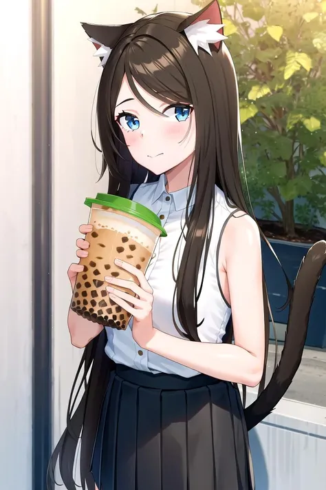 A girl with a dark green sports blouse and blue jeans with shoulder-length brown hair and green eyes holds a glass with a chocolate cocktail. 2d pencil drawing and color drawing (as if drawn by a beginner in drawing. A drawing in the form of a small and finished sketch)
