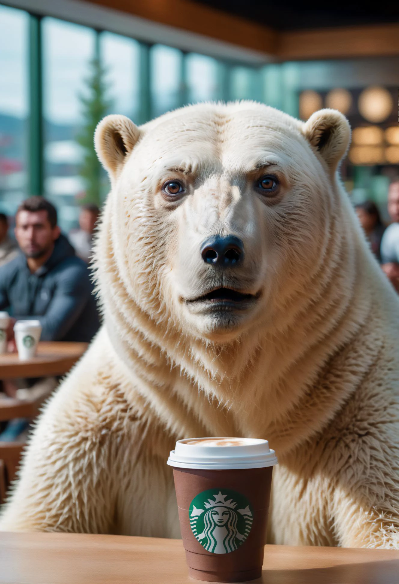 <lora:single thumbs up:0.5> Aboriginal people:0.7, human polar bear, polar bear, handsome guy, Background in starbucks cafe , Correct indoors, Eyes serious and focused, Crowd drinking coffee from behind sharp focus, ISO 800, masterpiece, 8k, <lora:Unleash_the_Beast:0.65> <lora:sdxl_photorealistic_slider_v1-0:1.5>