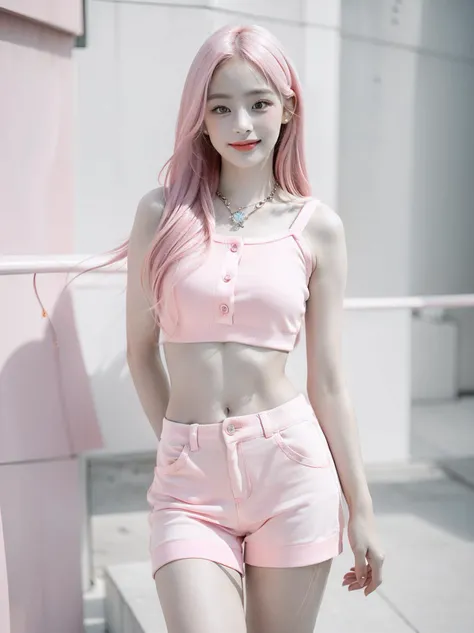 <lora:makina69_minji_v2.1:1>, 1girl, solo, realistic, (pink:1.4) long hair, thin waist, detailed face, (short waist:0.8), (big eyes:1.3),
pink top, midriff, (thighs:1.2), skirt, necklace, pale skin, (smile:1.2), teeth, (pastel theme:1.6), (white background:1.3),
<lora:Color Separation_B_1.1:0.9>, (high quality:1.4), (photorealistic:1.6), 8k, uhd, highres, absurdres, professional photo, highly detailed, detailed skin, masterpiece, (hyperrealism)