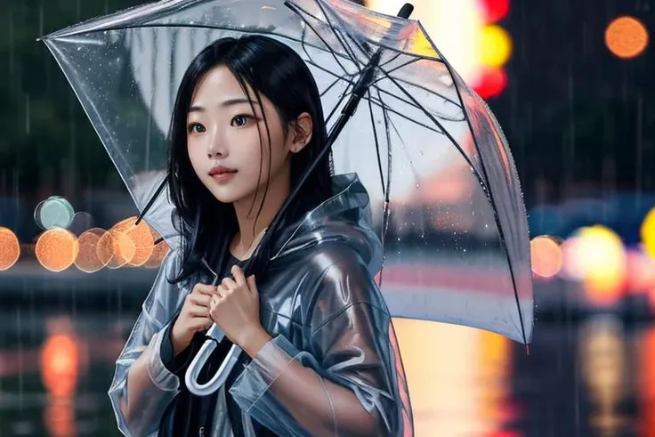 (best quality, high quality:1.2),1girl, minji wearing raincoat, umbrella in hand, rainy night, bokeh, (f/2,6, 35mm), <lora:makina69_njminji_v1.2:0.8>