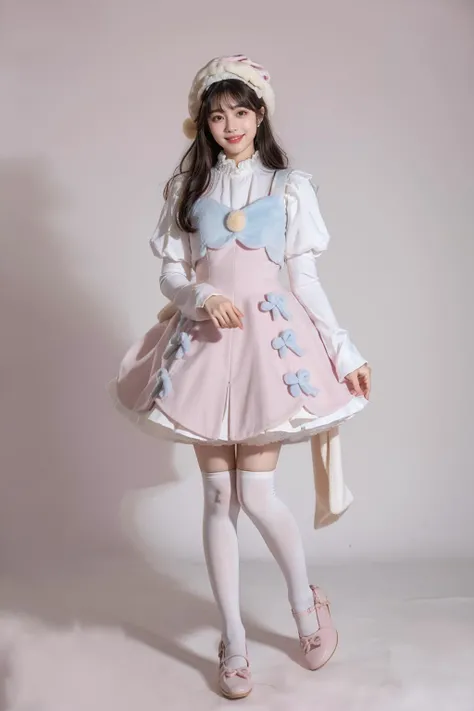 best quality, masterpiece, realistic, photorealistic, 1girl, solo, looking at viewer, smile, long black hair, bangs, standing, full body, cyb dress, pink dress, dress, pom pom, bow, long sleeves, puffy sleeves, hat, white thighhighs, pink shoes, simple background, pink background, <lora:cute_attire_style2_v1:0.75>