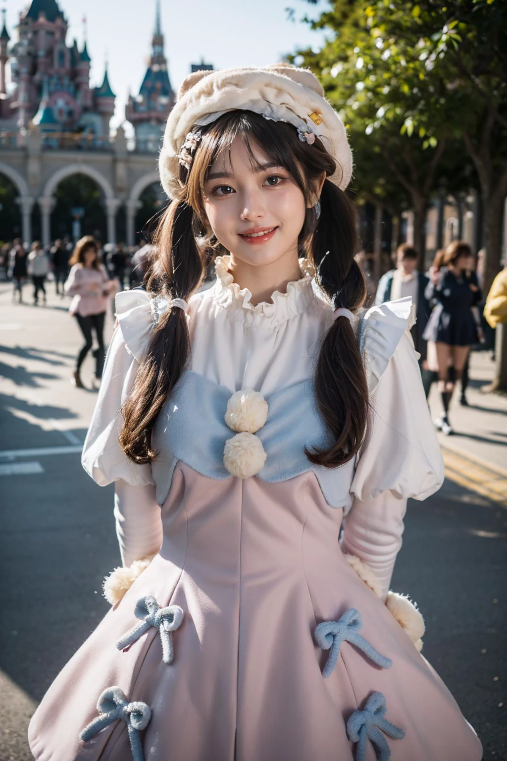 best quality, masterpiece, realistic, photorealistic, 1girl, solo, looking at viewer, smile, low twintails, bangs, standing, arms arms behind back, cowboy shot, cyb dress, pink dress, dress, pom pom, bow, long sleeves, puffy sleeves, hat, amusement park, people, detailed background, <lora:cute_attire_style2_v1:0.75>