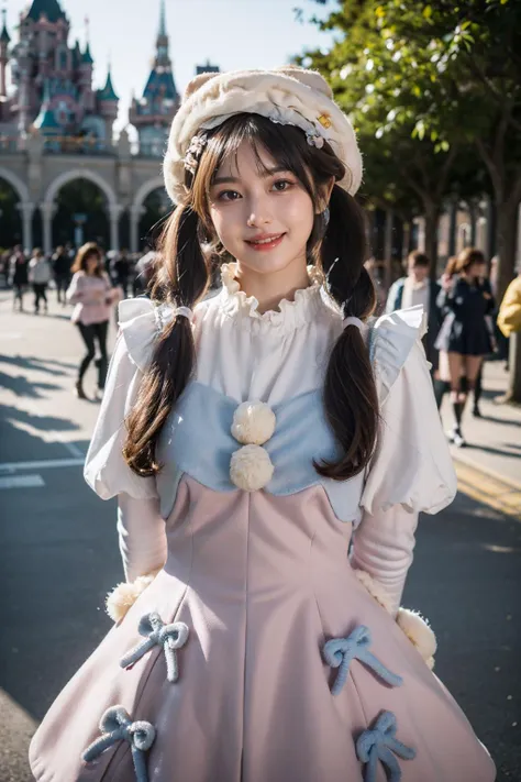 best quality, masterpiece, realistic, photorealistic, 1girl, solo, looking at viewer, smile, low twintails, bangs, standing, arms arms behind back,  cowboy shot, cyb dress, pink dress, dress, pom pom, bow, long sleeves, puffy sleeves, hat, amusement park, people, detailed background, <lora:cute_attire_style2_v1:0.75>