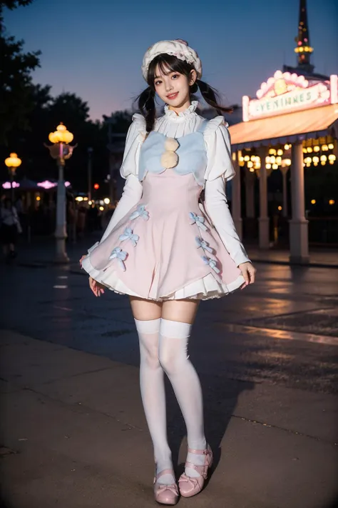 best quality, masterpiece, realistic, photorealistic, 1girl, solo, looking at viewer, smile, low twintails, bangs, standing, arms arms behind back, full body, cyb dress, pink dress, dress, pom pom, bow, long sleeves, puffy sleeves, hat, white thighhighs, pink shoes, amusement park, people, detailed background, <lora:cute_attire_style2_v1:0.75>