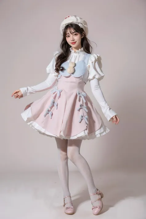 best quality, masterpiece, realistic, photorealistic, 1girl, solo, looking at viewer, smile, long black hair, bangs, standing, full body, cyb dress, pink dress, dress, pom pom, bow, long sleeves, puffy sleeves, hat, white pantyhose, pink shoes, simple background, pink background, <lora:cute_attire_style2_v1:0.75>