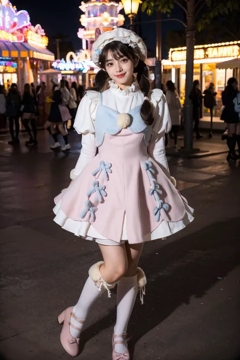 best quality, masterpiece, realistic, photorealistic, 1girl, solo, looking at viewer, smile, low twintails, bangs, standing, arms arms behind back, full body, cyb dress, pink dress, dress, pom pom, bow, long sleeves, puffy sleeves, hat, white thighhighs, pink shoes, amusement park, people, detailed background, <lora:cute_attire_style2_v1:0.75>