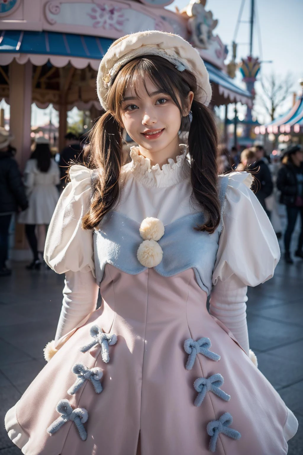 best quality, masterpiece, realistic, photorealistic, 1girl, solo, looking at viewer, smile, low twintails, bangs, standing, arms arms behind back, cowboy shot, cyb dress, pink dress, dress, pom pom, bow, long sleeves, puffy sleeves, hat, amusement park, people, detailed background, <lora:cute_attire_style2_v1:0.75>