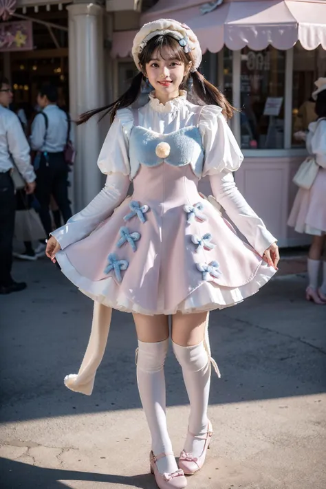 best quality, masterpiece, realistic, photorealistic, 1girl, solo, looking at viewer, smile, low twintails, bangs, standing, full body, cyb dress, pink dress, dress, pom pom, bow, long sleeves, puffy sleeves, hat, white thighhighs, pink shoes, amusement park, people, detailed background, <lora:cute_attire_style2_v1:0.75>
