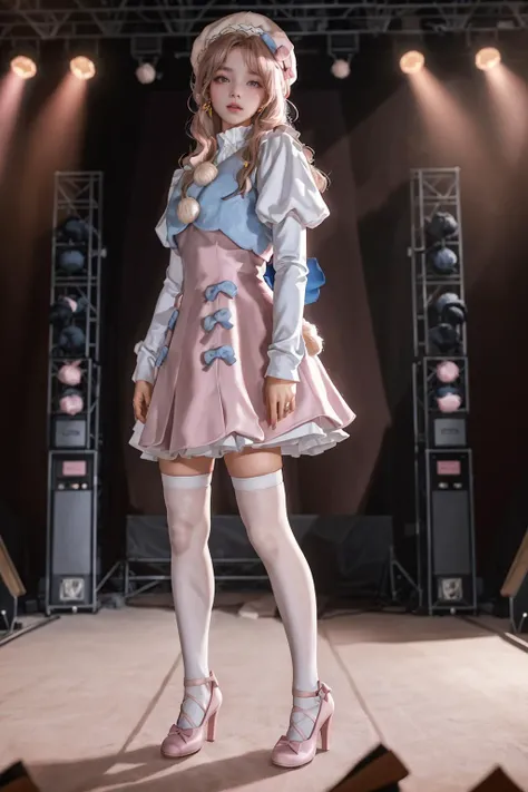 8K,highres,absurdres,masterpiece,best quality,original,extremely detailed CG,extremely detailed wallpaper,perfect lighting,1girl,blurry background,looking at viewer,standing on the stage,<lyco:GoodHands-beta2:1>,
<lora:cute_attire_style2_vol2:0.7>, cyb dress,pink dress,dress,pom pom,bow,long sleeves,puffy sleeves,hat,