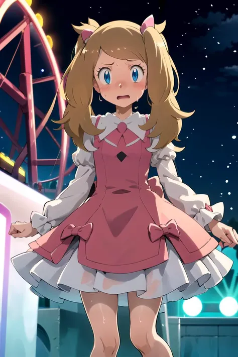 best quality, masterpiece ,highres, high quality, finely detailed, shiny skin, clear skin, distinct, distinct image, high resolution, hyper detail, perfect anatomy,1girl, serena (pokemon), embarrassed, blush, sweat, <lora:serenaPokemon-10:0.6>, cyb dress, pink dress, long sleeves, puffy long sleeves, bow, amusement park, people, night, neon light, <lora:realisticCuteAttire:0.6>