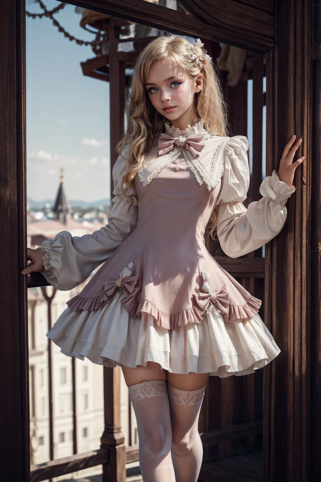 kkw-ph1, glamour photography photo of petite Russian model, s1enna with long blonde hair, looking at viewer, wearing cyb dress, violet dress, puffy long sleeves, bow, white thigh-highs, mary janes, posing in a carnival, (full body framing:1.2)
<lora:sd15siennav1:0.7>
<lora:cute_dress_style1_v1:0.6>
<lora:add_detail:0.4>, (masterpiece, photorealistic:1.2), high quality, intricate details, detailed background, 8k