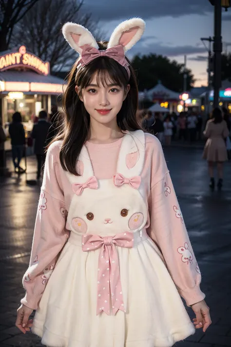 best quality,masterpiece,realistic,photorealistic,1girl,solo,looking at viewer,smile,standing,black hair,long hair,dynamic pose,cowboy shot,cyb dress,rabbit dress,white dress,rabbit skirt,shirt,animal print shirt,long sleeves,bow,pink bow,rabbit ears,rabbit print,night,light,amusement park,people,detailed background,<lora:cute_attire_style3_v1:0.7>,<lora:Background_Detail_v3:1.5>,