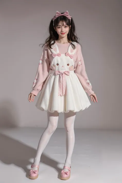 best quality, masterpiece, realistic, photorealistic, 1girl, solo, looking at viewer, smile, standing, twintails, black hair, long hair, dynamic pose, full body, cyb dress, rabbit dress, white dress, rabbit skirt, shirt, animal print shirt, long sleeves, bow, pink bow, rabbit print, (white pantyhose:1.4), shoes, simple grey background, <lora:cute_attire_style3_v1:0.7>