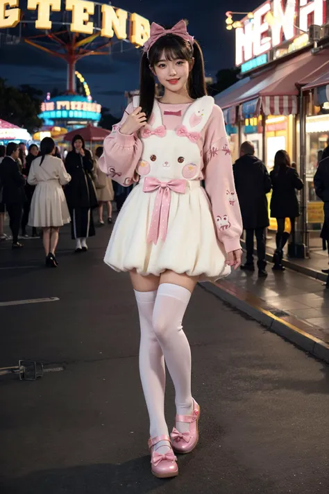 best quality,masterpiece,realistic,photorealistic,1girl,solo,looking at viewer,smile,standing,black hair,twintails,long hair,dynamic pose,full body,cyb dress,rabbit dress,white dress,rabbit skirt,shirt,animal print shirt,long sleeves,bow,pink bow,rabbit ears,rabbit print,white kneehighs,pink shoes,night,light,amusement park,people,detailed background,<lora:cute_attire_style3_v1:0.7>,<lora:Background_Detail_v3:1.5>,