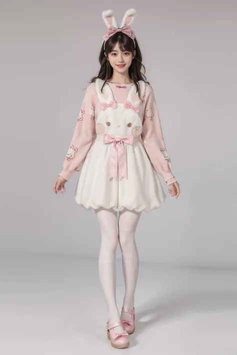 best quality,masterpiece,realistic,photorealistic,1girl,solo,looking at viewer,smile,standing,black hair,long hair,full body,cyb dress,rabbit dress,white dress,rabbit skirt,shirt,animal print shirt,long sleeves,bow,pink bow,rabbit print,(white pantyhose:1.6),shoes,simple grey background,<lora:cute_attire_style3_v1:0.7>,