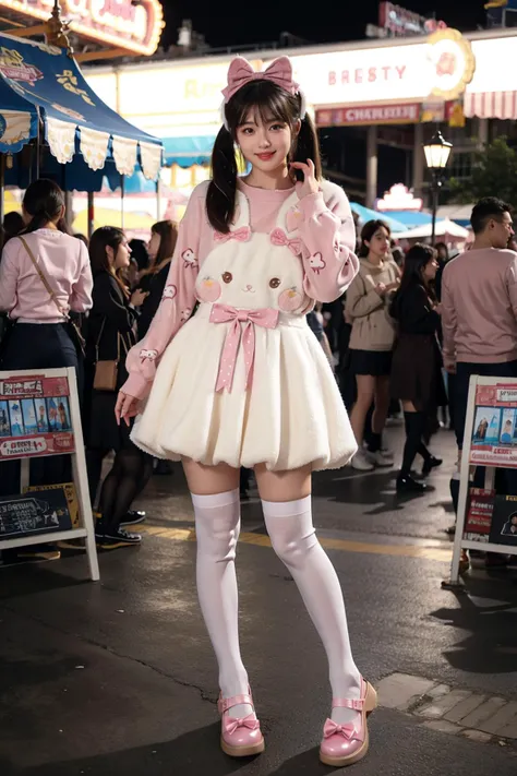 best quality,masterpiece,realistic,photorealistic,1girl,solo,looking at viewer,smile,standing,black hair,twintails,long hair,dynamic pose,full body,cyb dress,rabbit dress,white dress,rabbit skirt,shirt,animal print shirt,long sleeves,bow,pink bow,rabbit ears,rabbit print,white kneehighs,pink shoes,night,light,amusement park,people,detailed background,<lora:cute_attire_style3_v1:0.7>,<lora:Background_Detail_v3:1.5>,