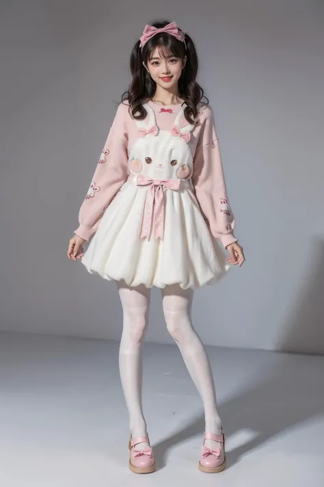 best quality, masterpiece, realistic, photorealistic, 1girl, solo, looking at viewer, smile, standing, twintails, black hair, long hair, dynamic pose, full body, cyb dress, rabbit dress, white dress, rabbit skirt, shirt, animal print shirt, long sleeves, bow, pink bow, rabbit print, (white pantyhose:1.4), shoes, simple grey background, <lora:cute_attire_style3_v1:0.7>