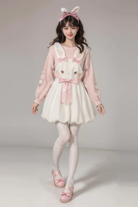 best quality,masterpiece,realistic,photorealistic,1girl,solo,looking at viewer,smile,standing,black hair,long hair,full body,cyb dress,rabbit dress,white dress,rabbit skirt,shirt,animal print shirt,long sleeves,bow,pink bow,rabbit print,(white pantyhose:1.6),shoes,simple grey background,<lora:cute_attire_style3_v1:0.7>,