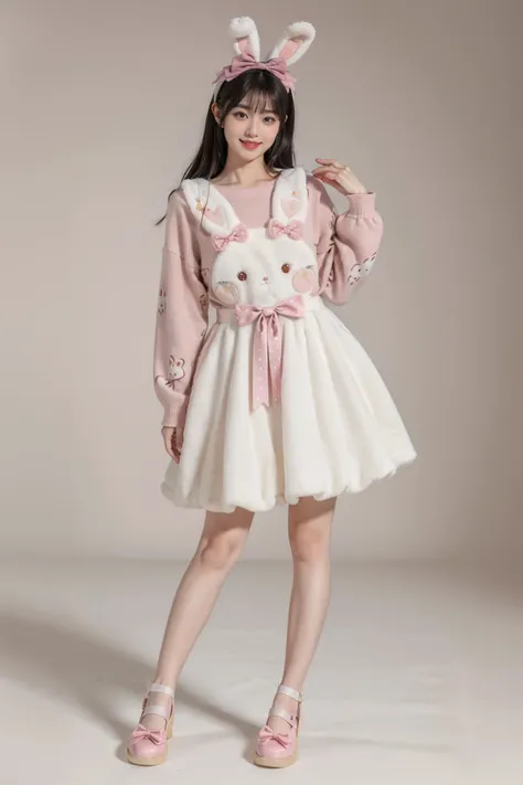 best quality, masterpiece, realistic, photorealistic, 1girl, solo, looking at viewer, smile, standing, black hair, long hair, full body, cyb dress, rabbit dress, white dress, rabbit skirt, shirt, animal print shirt, long sleeves, bow, pink bow, rabbit print, shoes, simple grey background, <lora:cute_attire_style3_v1:0.7>