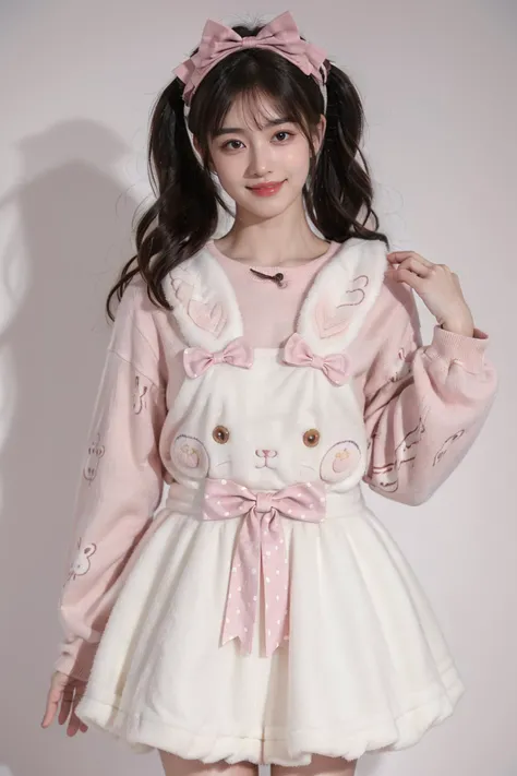 best quality, masterpiece, realistic, photorealistic, 1girl, solo, looking at viewer, smile, standing, twintails, black hair, long hair, dynamic pose, cowboy shot, cyb dress, rabbit dress, white dress, rabbit skirt, shirt, animal print shirt, long sleeves, bow, pink bow, rabbit print, simple grey background, <lora:cute_attire_style3_v1:0.7>