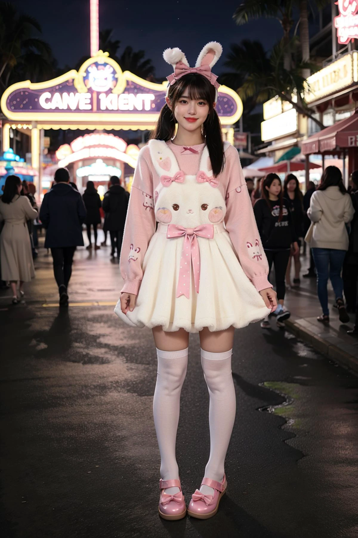 best quality,masterpiece,realistic,photorealistic,1girl,solo,looking at viewer,smile,standing,black hair,twintails,long hair,dynamic pose,full body,cyb dress,rabbit dress,white dress,rabbit skirt,shirt,animal print shirt,long sleeves,bow,pink bow,rabbit ears,rabbit print,white kneehighs,pink shoes,night,light,amusement park,people,detailed background,<lora:cute_attire_style3_v1:0.7>,<lora:Background_Detail_v3:1.5>,