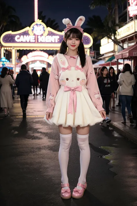 best quality,masterpiece,realistic,photorealistic,1girl,solo,looking at viewer,smile,standing,black hair,twintails,long hair,dynamic pose,full body,cyb dress,rabbit dress,white dress,rabbit skirt,shirt,animal print shirt,long sleeves,bow,pink bow,rabbit ears,rabbit print,white kneehighs,pink shoes,night,light,amusement park,people,detailed background,<lora:cute_attire_style3_v1:0.7>,<lora:Background_Detail_v3:1.5>,