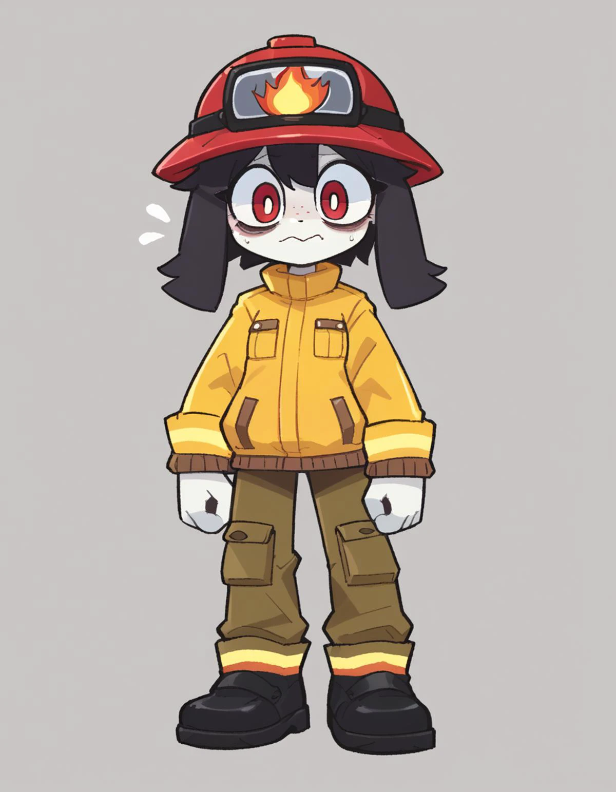 zPDXL, score_9, score_8_up, score_7_up, source_anime,
1girl, solo, wavy mouth, closed mouth, (pigeon pose), firefighter wearing Yellow fireproof jacket with reflective piping, turnout pants with cargo pockets, firefighter helmet with ear protection, waterproof boots, thermal imaging camera, <lora:Furfrou_v2:0.8> furfrou, dog ears, dog tail, dog girl, black fur, white skin, red eyes, jitome, bags under eyes, small breasts, freckles,,
<lora:KimKrab_v2:1> kimkrab