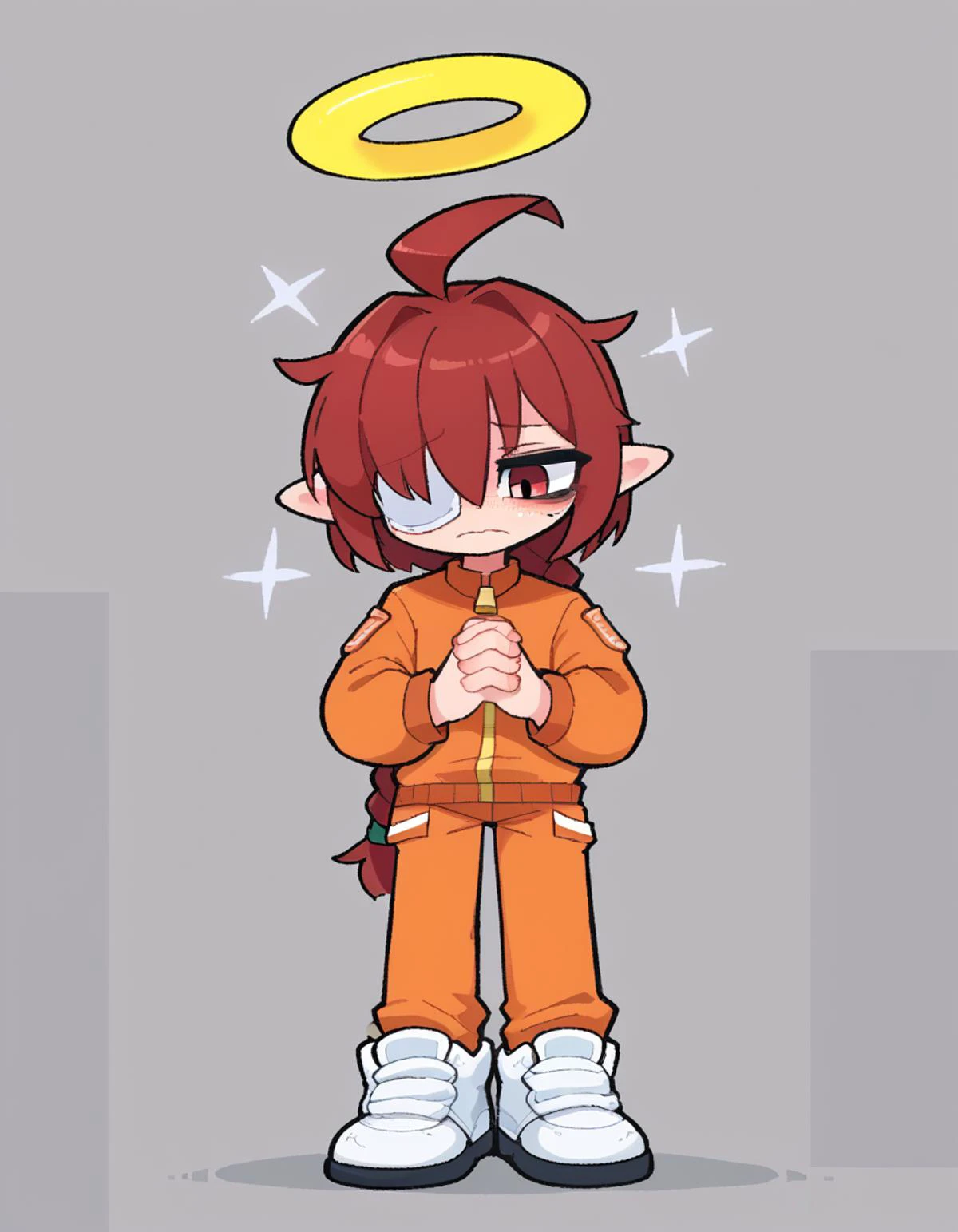 zPDXL, score_9, score_8_up, score_7_up, source_anime,
1girl, solo, speaking, talking, (own hands clasped), prison inmate wearing orange jumpsuitwith zipper front, elastic-cuffed pants, white sneakers, carrying a plastic mug, <lora:Nullantwins:0.8> Lynn, red hair, red eyes, (hair over one eye), braided ponytail, halo, freckles, bags under eyes, jitome, ahoge, pointed ears, flat chest, eyepatch,,
<lora:KimKrab_v2:1> kimkrab