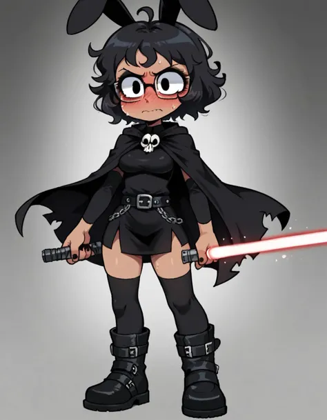 zPDXL, score_9, score_8_up, score_7_up, source_anime,
1girl, solo, embarrassed, nose blush, (bunny pose), (sith lord) wearing a layered Sith robe, black leather tunic, silver-buckled belt, heavy duty boots, tattered black cloak, holding a double-bladed red lightsaber, <lora:GinoXL:0.8> ginoxl, black hair, glasses, fat, short, black eyes, wavy hair, short hair, messy hair, tanned, petite, thick thighs, medium breasts, big nose,,
<lora:KimKrab_v2:0.8> kimkrab