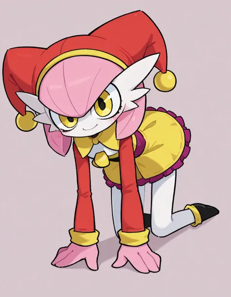 zPDXL, score_9, score_8_up, score_7_up, source_anime,
1girl, solo, seductive smile, (all fours), jester wearing a jester hat with bells, yellow jester tunic, ruffled skirt with contrasting colors, pointed jester shoes with playful patterns, <lora:Petunia_v2:0.8> petunia, pink hair, pokemon \(creature\), colored skin, gardevoir, short hair, white skin, flat chest, alternate color, yellow eyes,,
<lora:KimKrab_v2:0.8> kimkrab