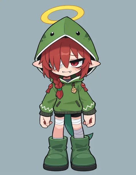 zPDXL, score_9, score_8_up, score_7_up, source_anime,
1girl, solo, skin fang, (arms_up), wearing Green dragon costume with wings, dragon head hood, dragon tail, green leggings, green boots, <lora:Nullantwins:0.8> Lynn, red hair, red eyes, (bandage over one eye, hair over one eye), braided ponytail, halo, freckles, bags under eyes, jitome, ahoge, pointed ears, flat chest,
 <lora:KimKrab_v2:1> kimkrab