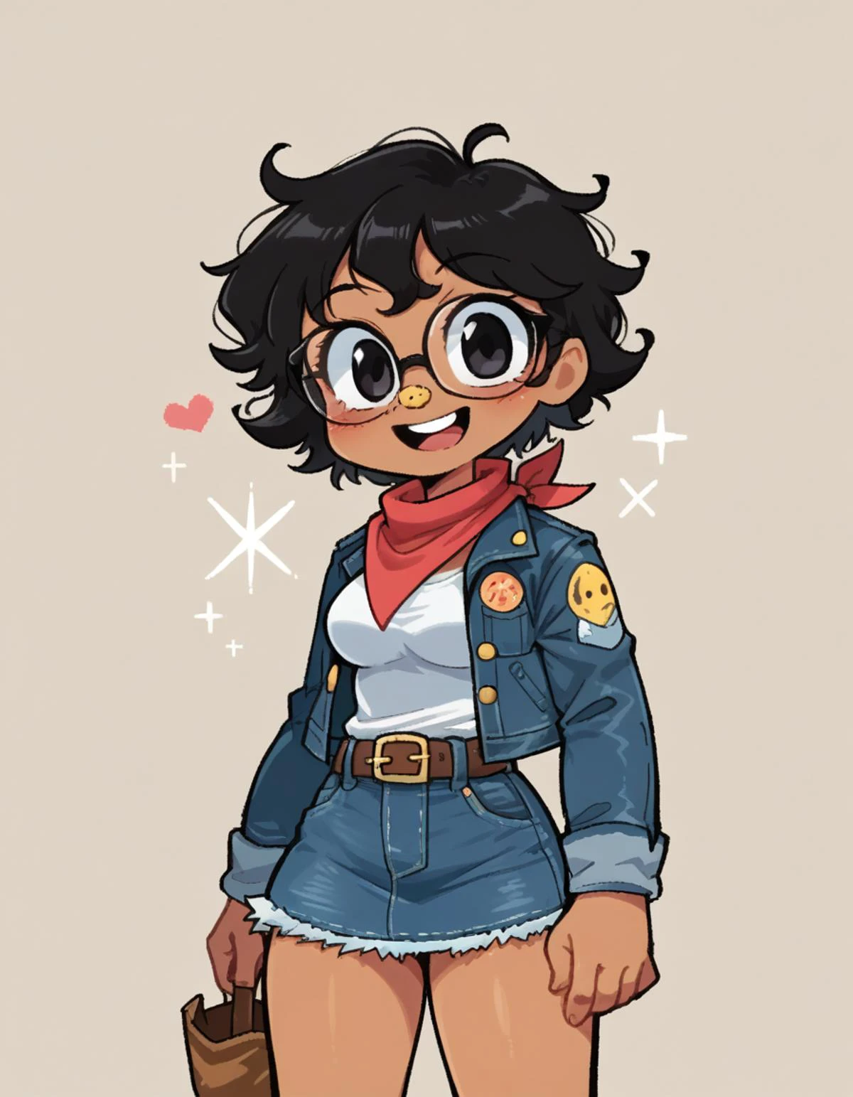 zPDXL, score_9, score_8_up, score_7_up, source_anime,
1girl, solo, happy, (\o/), cowboy wearing Denim jacket with patches, denim skirt, bandana worn as a headband, cowboy boots with floral embroidery, scarf, <lora:GinoXL:0.8> ginoxl, black hair, glasses, fat, short, black eyes, wavy hair, short hair, messy hair, tanned, petite, thick thighs, medium breasts, big nose,,
<lora:KimKrab_v2:0.8> kimkrab