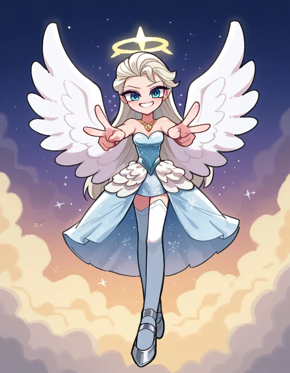 zPDXL, score_9, score_8_up, score_7_up, source_anime,
1girl, solo, naughty smile, (victory pose), angel wearing Seraphic silver ensemble featuring a metallic top, flowing chiffon skirt, wearing a ethereal tiara crafted from moonlight, glittering stockings, silver heels, feathered (angel wings), (angel halo), wearing a celestial amulet glowing with inner radiance, Elsa \(frozen\), platinum blonde hair,
<lora:KimKrab_v2:1> kimkrab