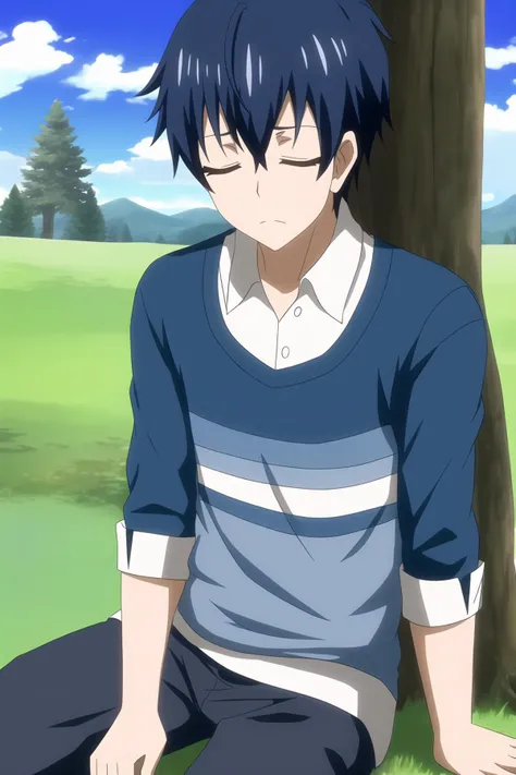 youle, 1boy, solo, male focus, blue hair, closed eyes, tree, against tree, day, sky, sleeping, cloud, sitting, shirt, sweater, on grass, outdoors,