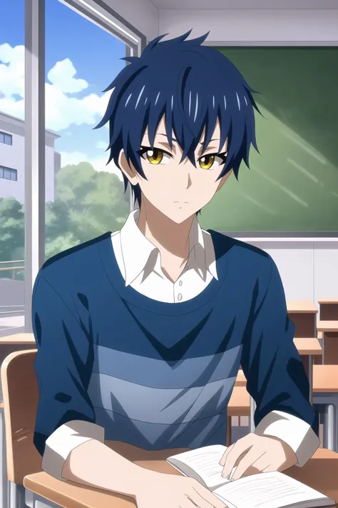 youle, 1boy, male focus, solo, blue hair, yellow eyes, looking at viewer, outdoors, classroom, studying,