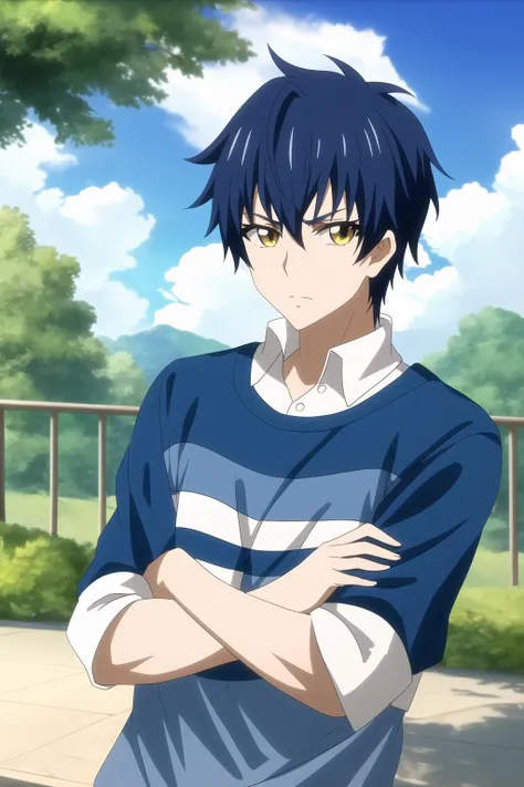 youle, 1boy,  male focus, solo, blue hair, yellow eyes, crossed arms, outdoors, looking at viewer, tree, cloud, blue sky,